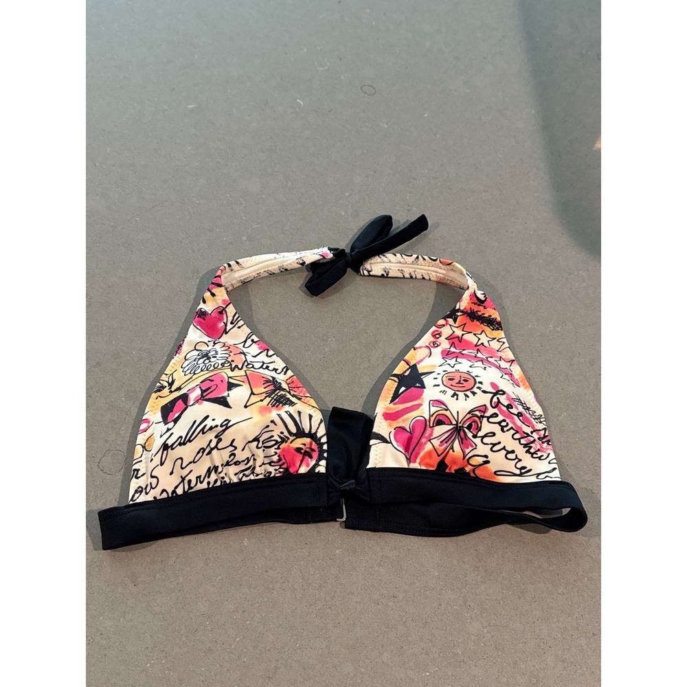 Victoria's Secret Halter Bikini Top Hearts Graphic Print Black Trim Swim Beach
